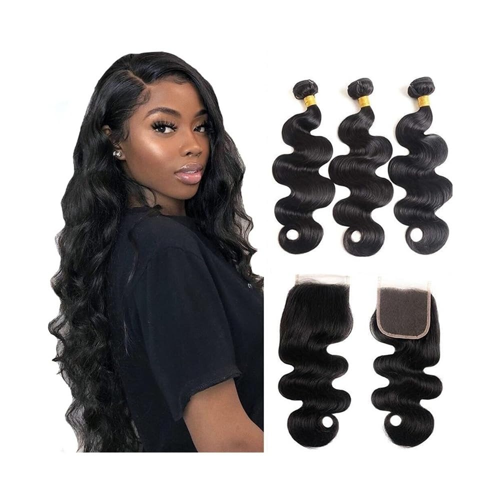 Tissage brésilien Remy ondulé avec fermeture en cheveux humains, lot de 3, avec raie libre 10x10, dentelle suisse, couleur naturelle(28 28 28 Closure20)