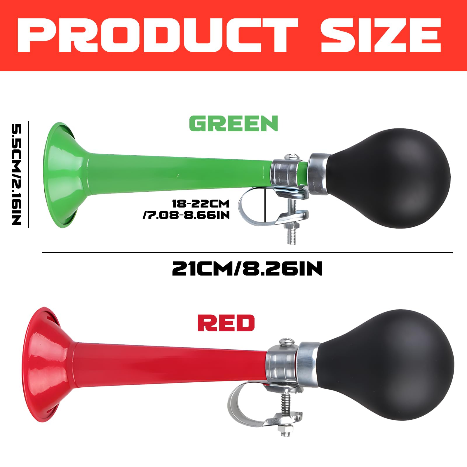 Mein HERZ 2 campanelli per bicicletta, corno in metallo cromato, 20 cm, suono di tromba (verde + rosso)