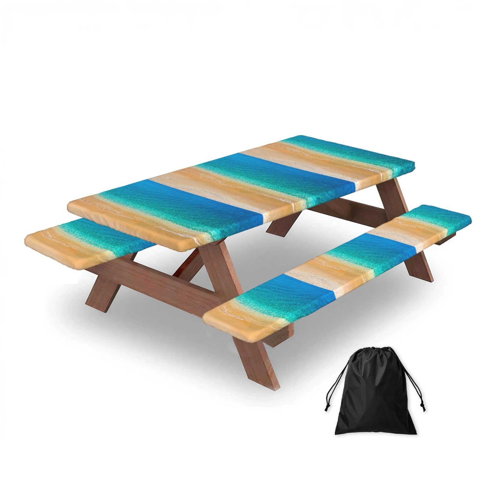 Beach Sea Waves Beach Sand, Picnic Table Cover With Bench Covers -Waterproof Elastic Fitted Tablecloth for Garden Camping Patio 76x152cm
