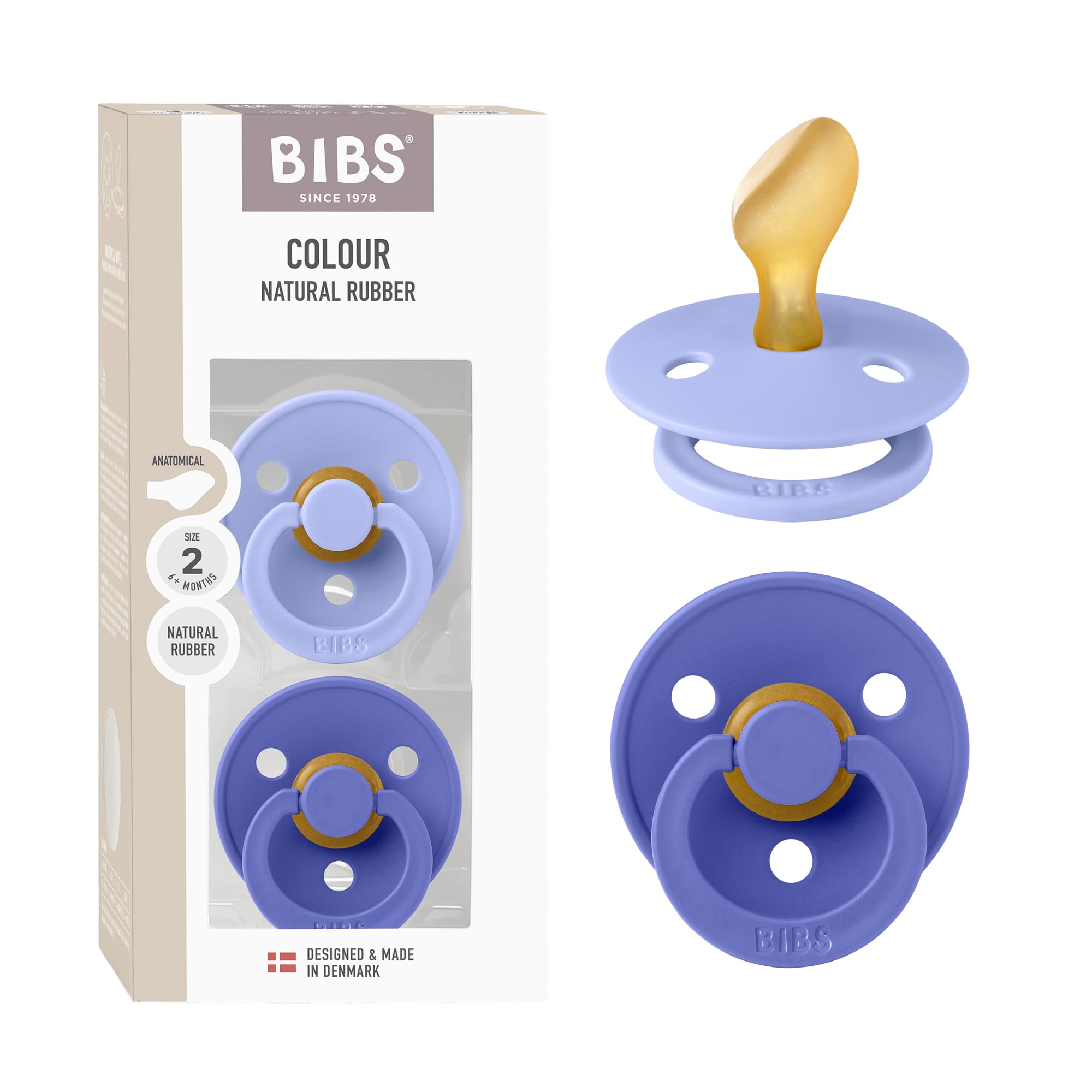 BIBS Colour Anatomical Dummies 2-Pack, BPA Free Dummy Pacifier, Orthodontic Nipple. Natural Rubber Latex, Made in Denmark, Size 2 (6-18 Months), Hush/Grape