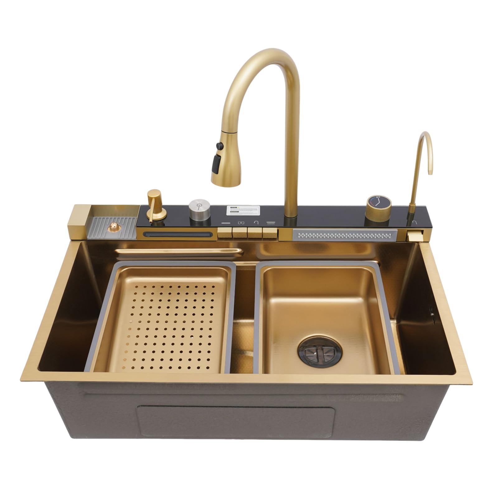Évier de cuisine multifonction cascade robinet amovible plusieurs variantes de bec avec nettoyant pour tasses et distributeur de détergent 75 x 46 x 22 cm Doré