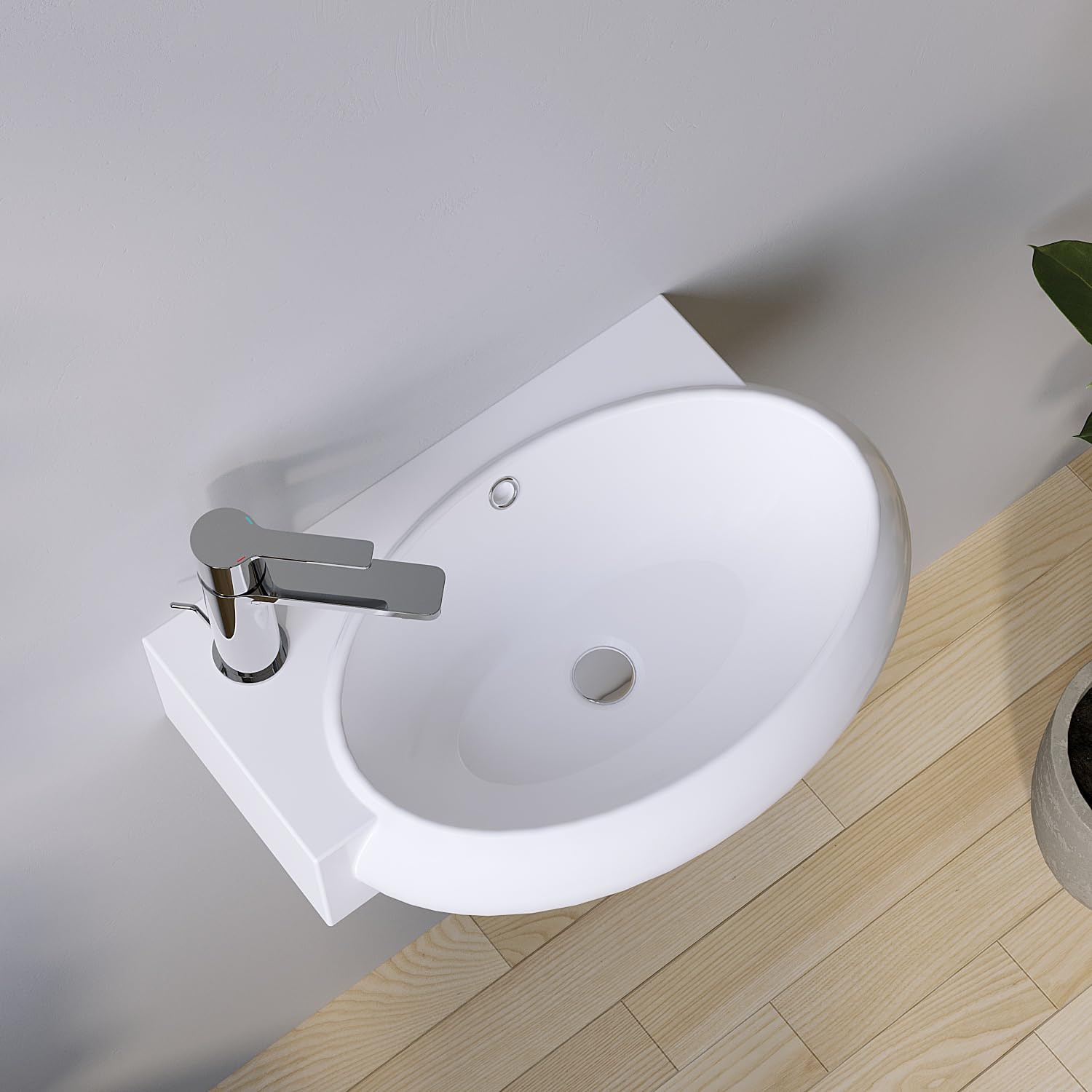 Lavabo de salle de bain en céramique ovale suspendu Petit 44 x 29 x 13,5 cm – avec trop-plein et trou de robinet (à gauche), sans meuble inférieur, montage mural, bord ultra fin, nombreuses