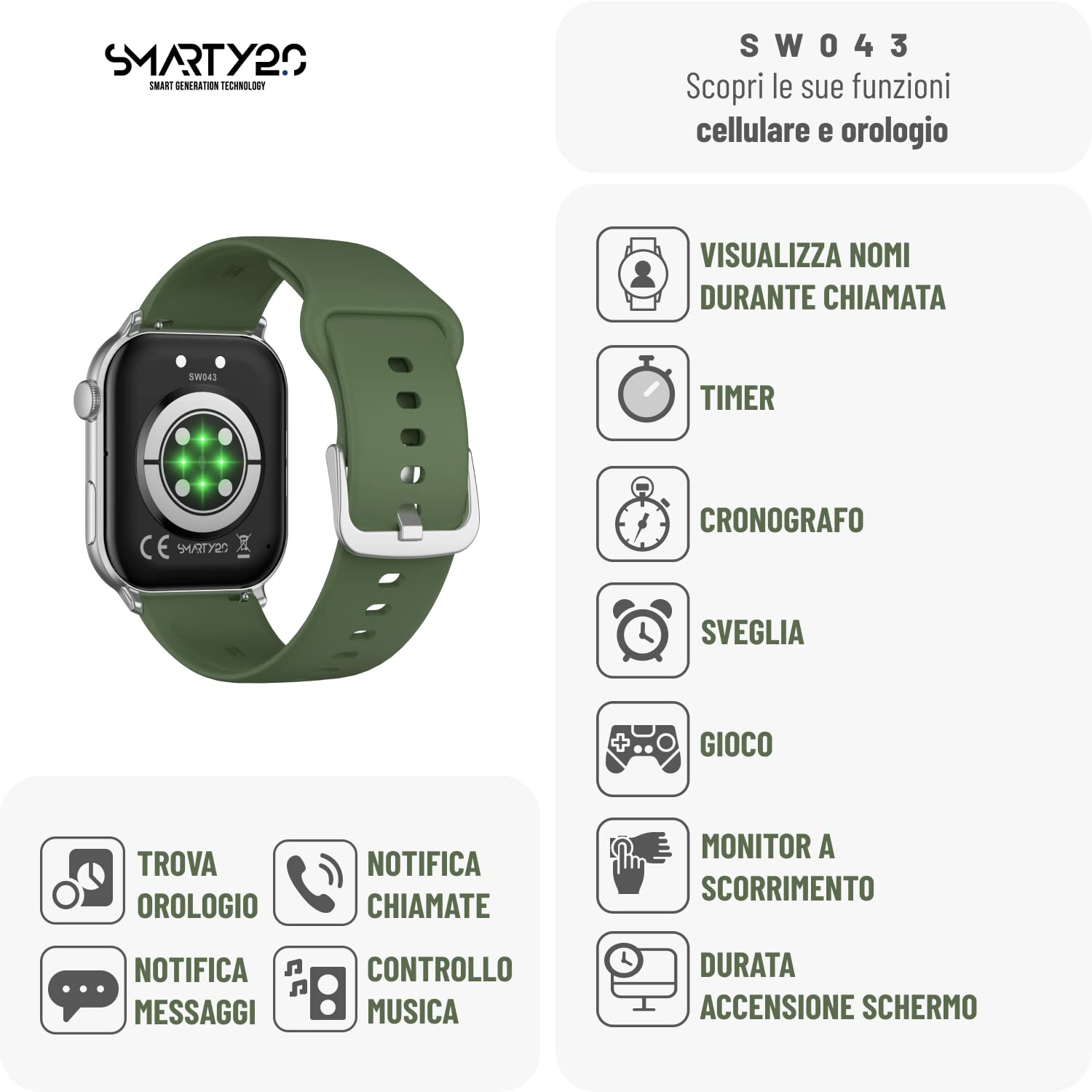 Smartwatch SW043F - Colore Verde - Chiamate Bluetooth, Assistente Vocale, 100 Modalità Sport, Resistenza all'Acqua IP68 - Cinturino in Silicone - Dimensioni 44.14 x 38.14 x 11.45 mm