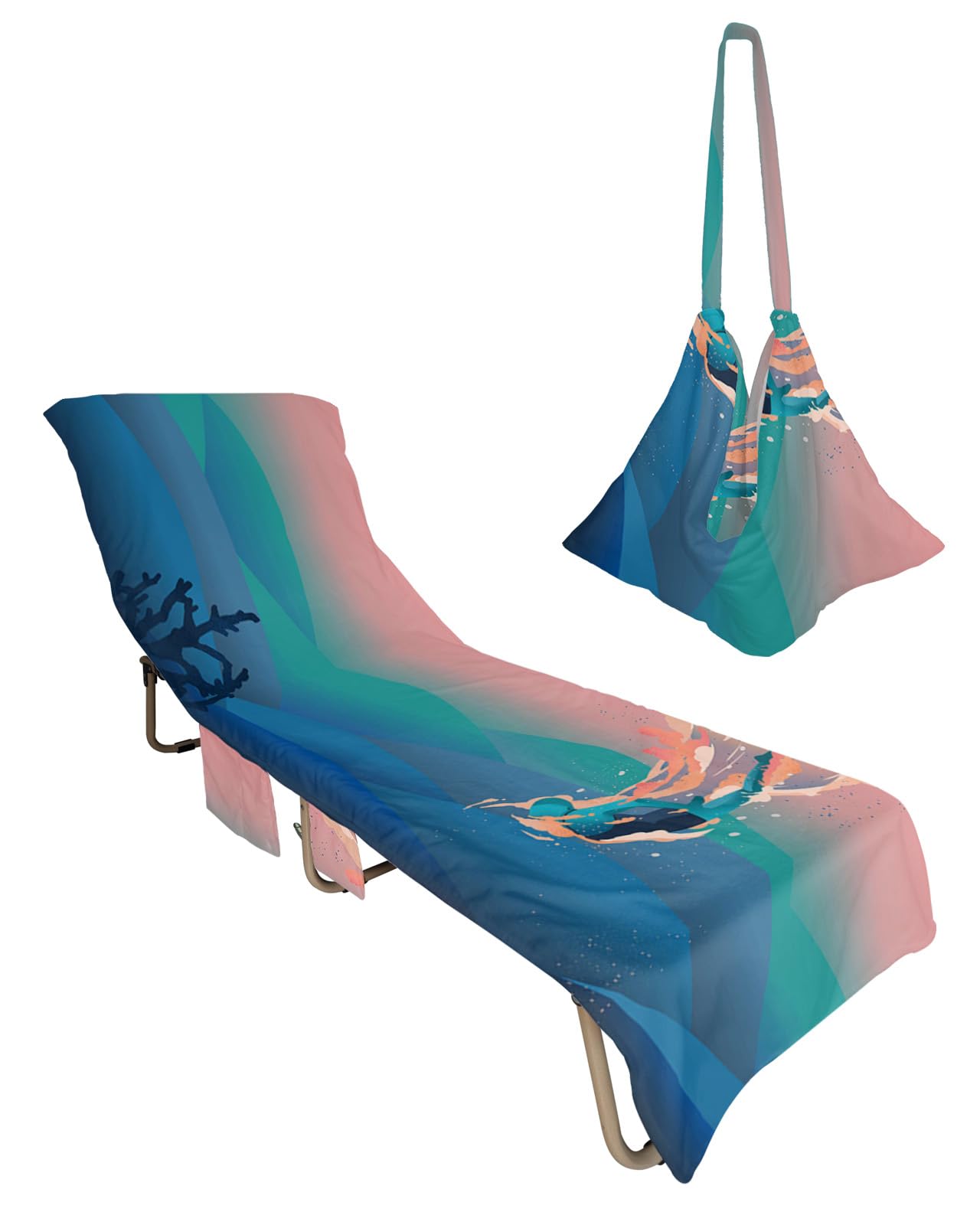 Pink Teal Blue Ombre Beach Lounge Chair Towel Cover, Soft Chaise Lounge Towel with Side Pockets Patio Pool Chairs Cover for Beach/Pool Sunbathing 29x85 Diving Sports