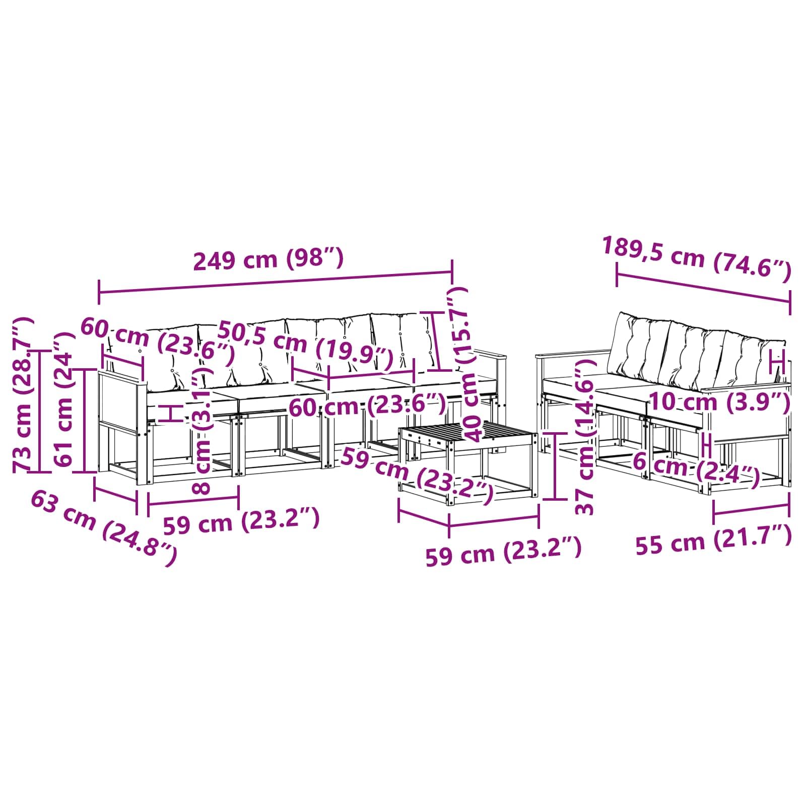 Gartensitzgruppe mit 8 Teilen aus massivem Akazienholz wetterfestes Design für Terrasse Balkon und Garten, inklusive Kissen, Tisch, Sofas und Stühlen, langlebig und pflegeleicht