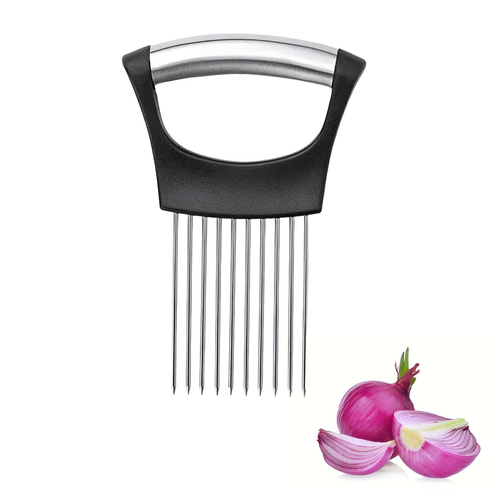 Onion Holder for Slicing, Stainless Steel Small Kitchen Hand Onion Slicer, Onion Cutter for Slicing, Vegetable Cutter for Potato, Tomato, Meat, Lemon Avocados, Eggs, Food Slicer Assistant Tool