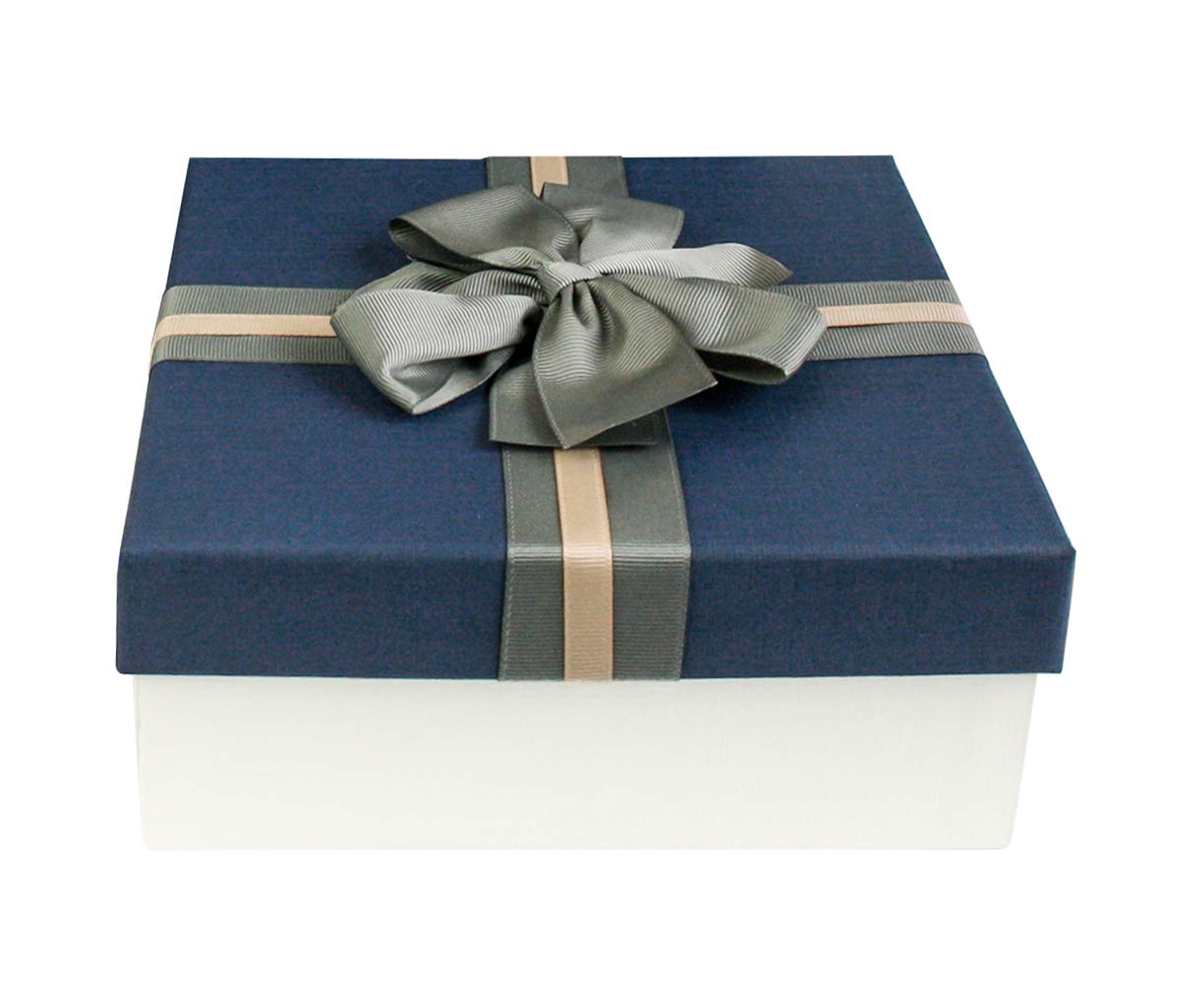 Emartbuy Rigid Luxury Square Shaped Presentation Gift Box, 20 cm * 20 cm * 8 cm, Cream Box with Blue Lid, Chocolate Brown Interior and Striped Decorative Bow Ribbon