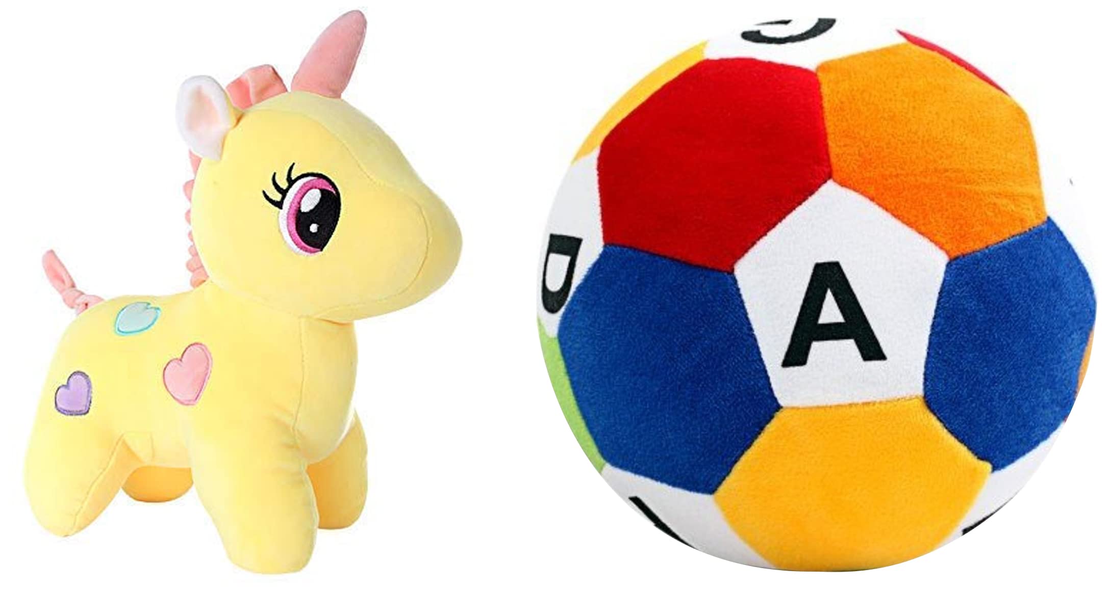 Babique Unicorn Stuffed Soft Toy Plush for Kids Baby Boy Girl Birthday (25Cm -Yellow) & Ball Soft Toy Stuffed Plush Ball Kids Birthday Gift 26 cm (ABCD)