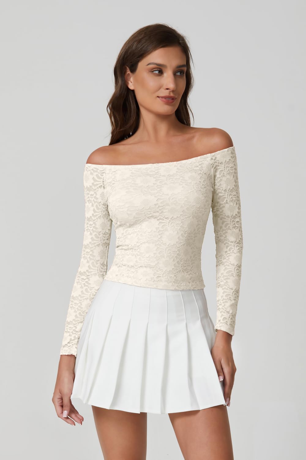 QINSEN Womens Lace Trim Off Shouder Top Long Sleeve Double Lined Y2k Trendy T Shirts - Image 4