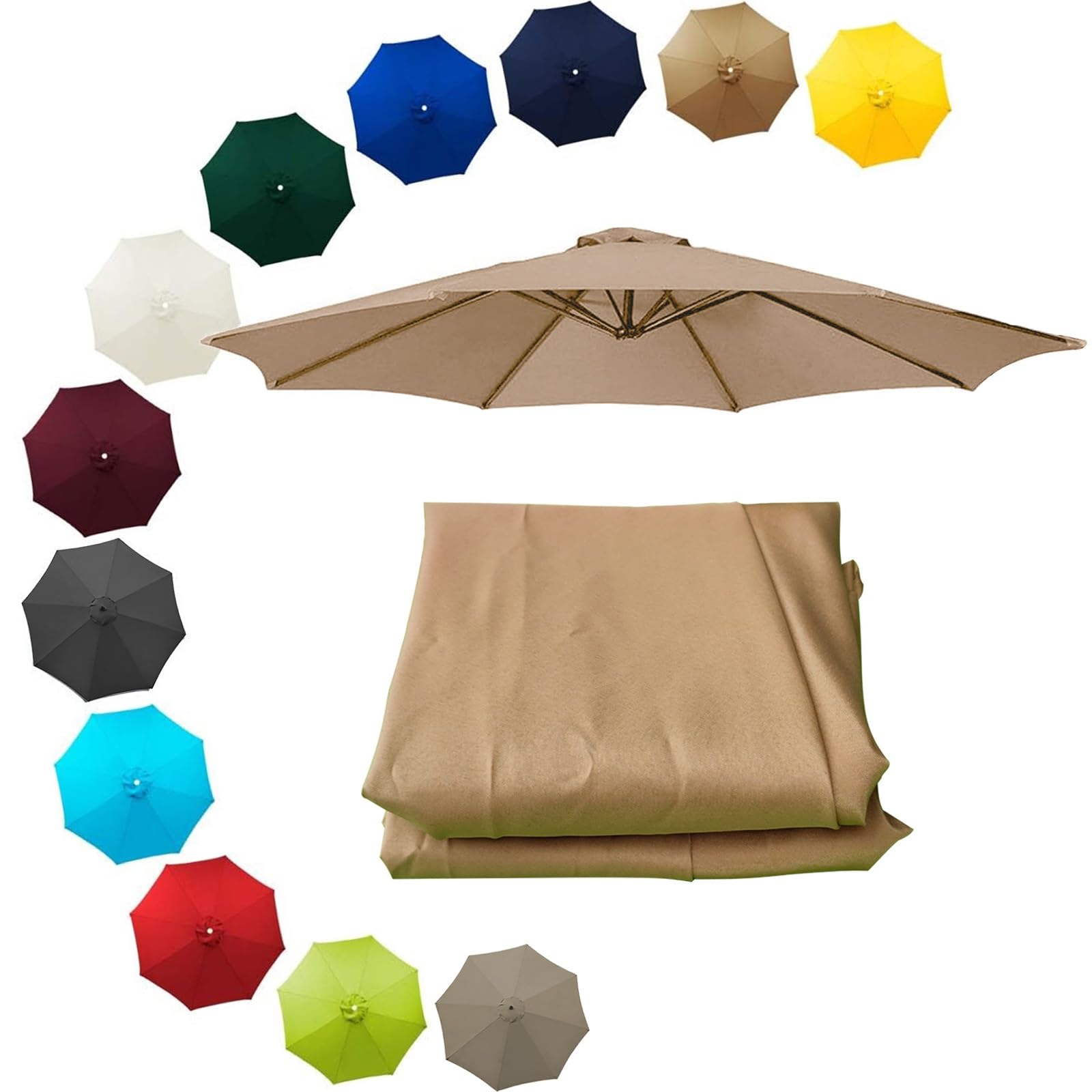 200cm 230cm 250cm 270cm 300cm 350cm/6ribs 8 Ribs Replacement Parasol Fabric Cover, Sun Umbrella Replacement Cloth, Garden Parasol Canopy Cover(Khaki,7.5ft(230cm)/8 arms)