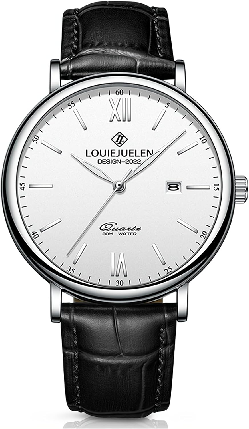 eYotto Men’s Minimalist Luminous Fashion Quartz Watch, Casual Stainless Steel Analog Dial Date Display Black Genuine Leather Band Waterproof Wristwatch, Business Formal Gift Dress Watch for Men Silver