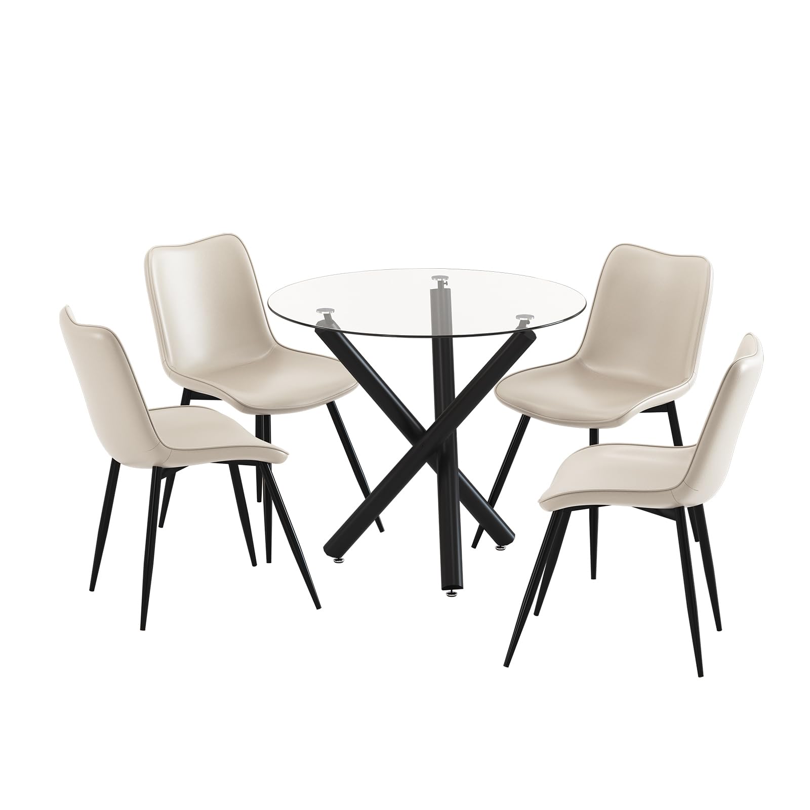 JEFFORDOUTLET Glass Dining Table and Chairs Set of 4, Round Kitchen Table with 4 Faux Leather High Back Chair for Dining Room (Black Table + Beige Chairs)