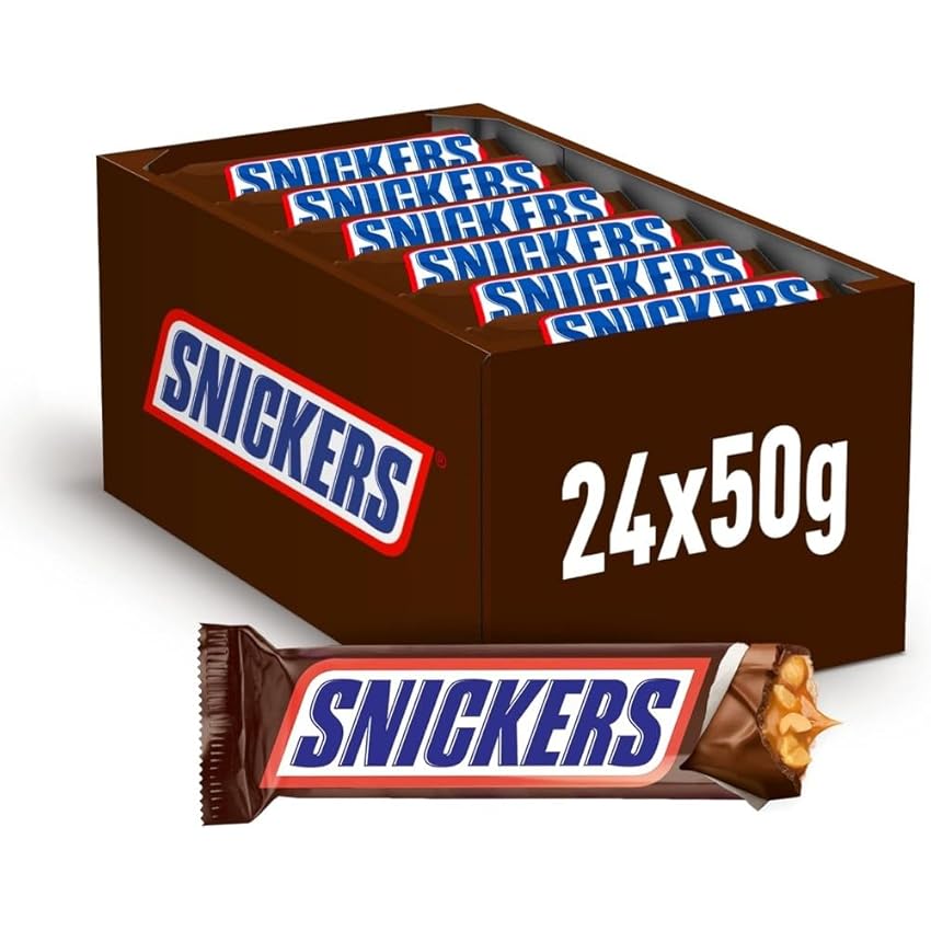 Snickers Barretta con Caramello e Arachidi Tostate Ricoperta al Cioccolato, 24 Barrette X50G (1200G), Nuova versione