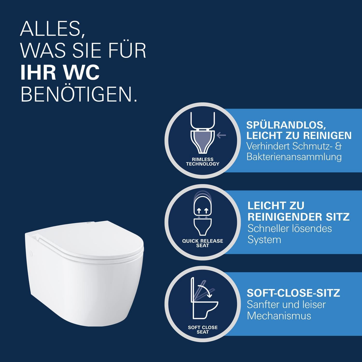 GROHE Start Round, Wand WC-Set (für Unterputz-Spülkästen, spülrandlos, mit Soft-Close Deckel, werkzeuglos abnehmbar, inkl. Befestigungsset, Spülmenge 3/5 l), alpinweiß, 103848SH00