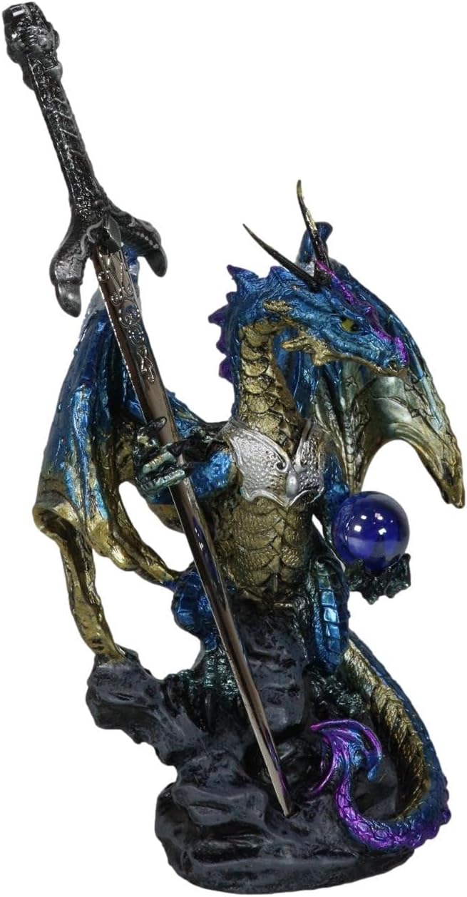 Ebros Gift Legendary Pacific Blue Metallic Armored Knight Dragon Holding Blue Orb Sphere and Draconian Sword Letter Opener Figurine Home Office Decorative Sculpture Medieval Dungeons Dragons Fantasy