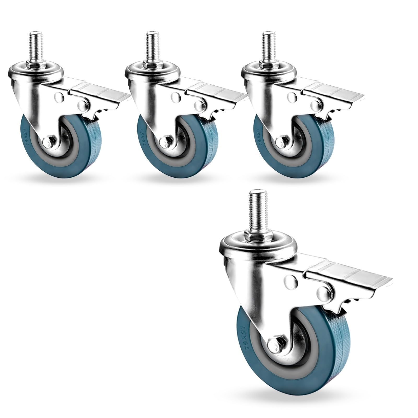 ZGUOUZANTYE Heavy Duty PVC Swivel Casters M10 12 Threaded Stem Dual Locking No Noise Durable Brake Caster For Cart Furniture Workbench Pack 4(Brake,75MM/M12)