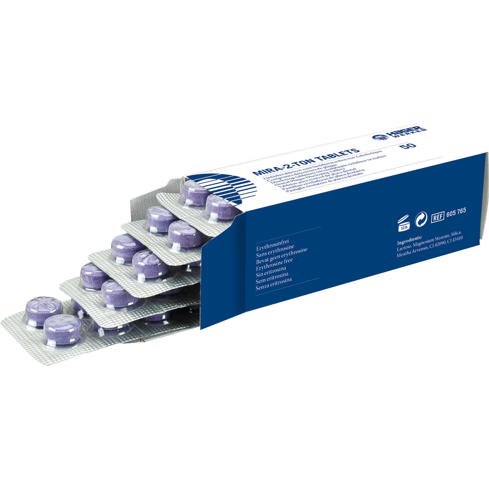 Miradent Mira-2-Ton®, 50 compresse masticabili da colorare come test placche prima di lavarsi i denti, dimostrato affidabile e motivante senza eritrosina e glutine