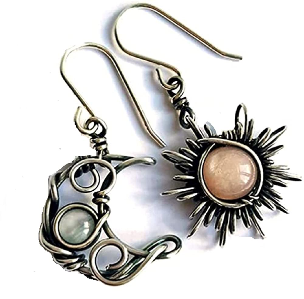 TianDeBoho Opal Sun and Moon Drop Dangle Earrings Moonstone Natural Stone Hook Bohemian for Women Girls Asymmetrical Antiqued Silver Celestial Jewelry