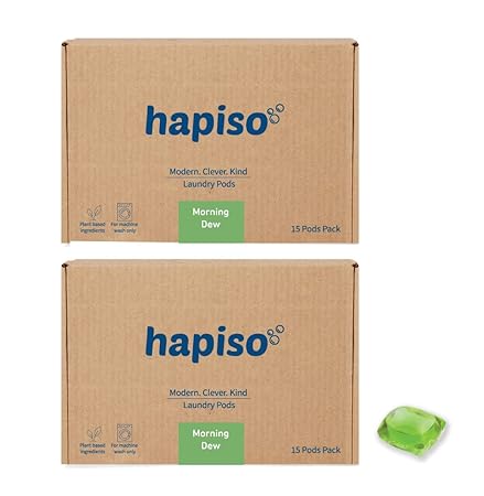 Hapiso Laundry Liquid Detergent Pods Morning Dew Fragrance Pack of 30 with 5 in 1 benefits for cleaner, softer, bright colour clothes, with long lasting fragrance suitable for all washing machines