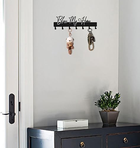 Miniatura 7 de Exquisito soporte de pared con frase de moda, Bless My Home Key Kooks para decoración de pared, colgador de llaves de metal negro con 7 kooks para