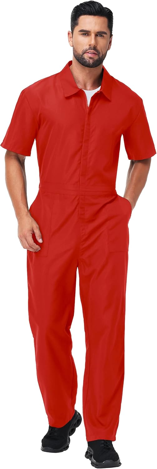 AOBUTE Men Halloween Mechanic Jumpsuit Short Sleeve Zipper Solid Color Coveralls