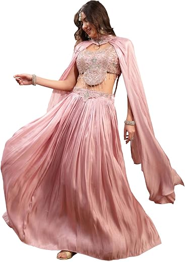 Stylum Women's Pink Solid & Embroidered Silk Lehenga Choli With Cape Dupatta