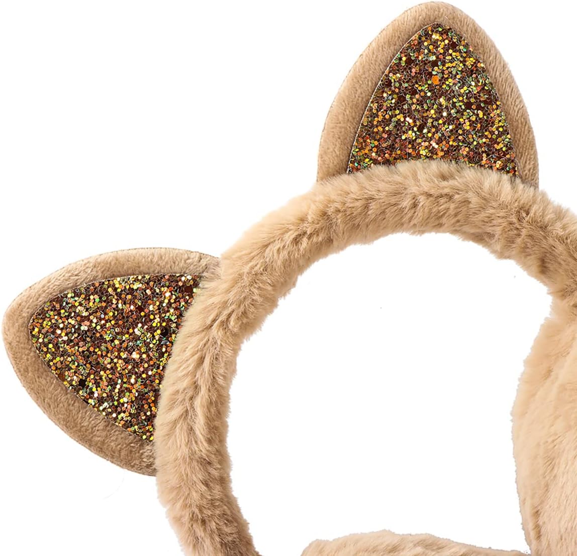 Winter Cat Ears Plush Earmuffs, Cute Cat Ear Muffs for Women Girls Outdoor, Furry Adjustable Sequin Ear Covers