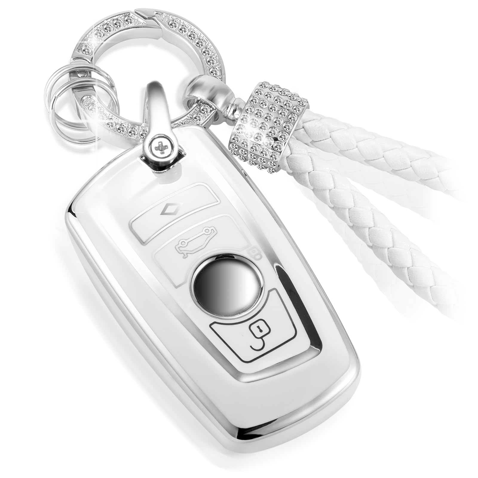 CTRINEWS for BMW Key Fob Cover with Luxury Diamond Bling Braided Rope Keychain, Upgraded Soft Key Case for Classic BMW Smart Remote Keyless Key Fob Shell (Silver Edge Bling)