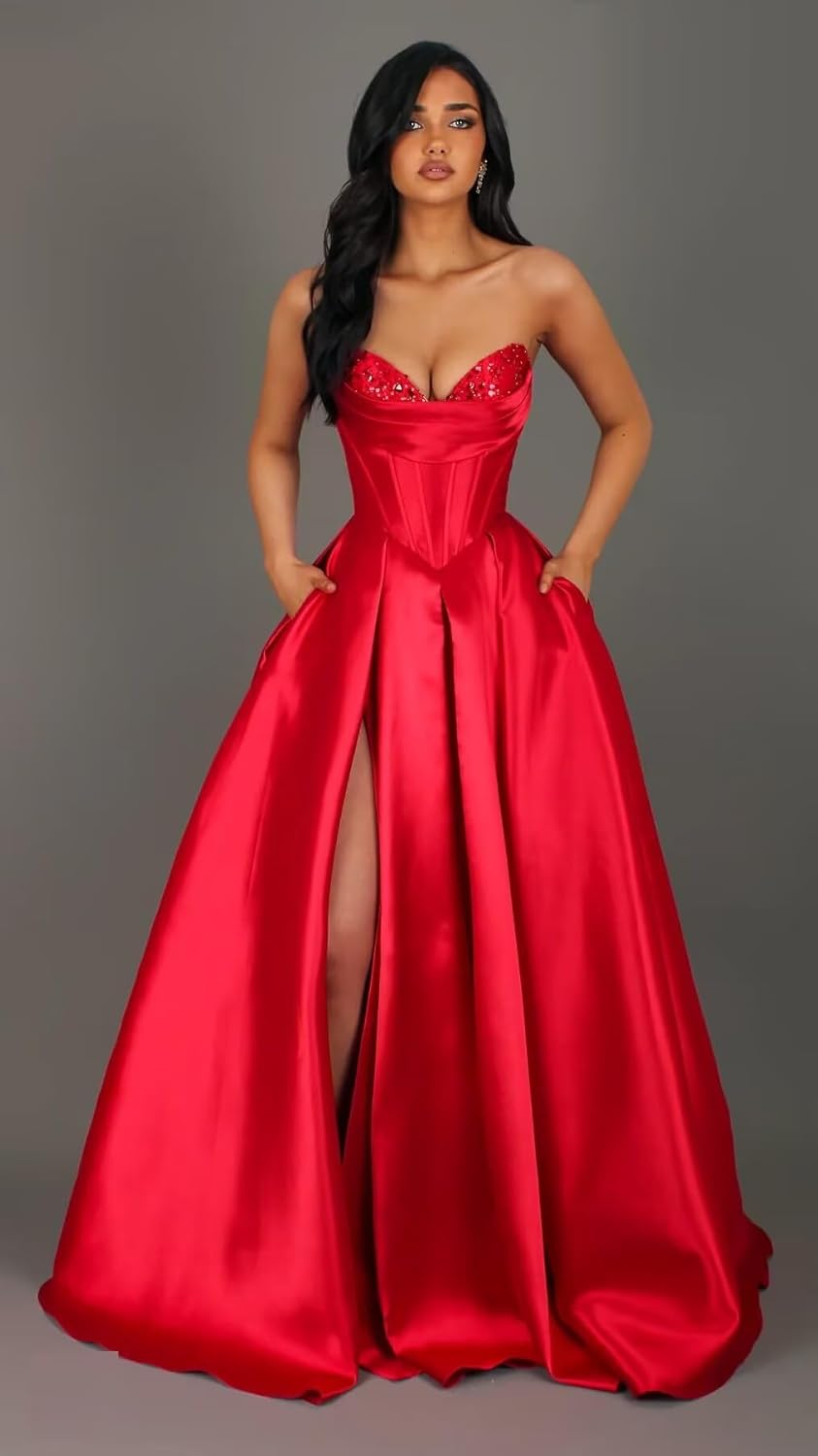 Satin Prom Dresses for Women 2026 Corset Strapless Pockets Long Formal Evening Cocktail Dress with Slit