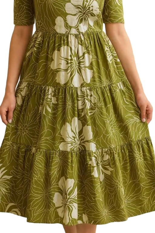 Image of Women's Round Neck Floral Block Printed Elbow Sleeves Front Button Detailing Layered and Tiered Hem Kurti Gown