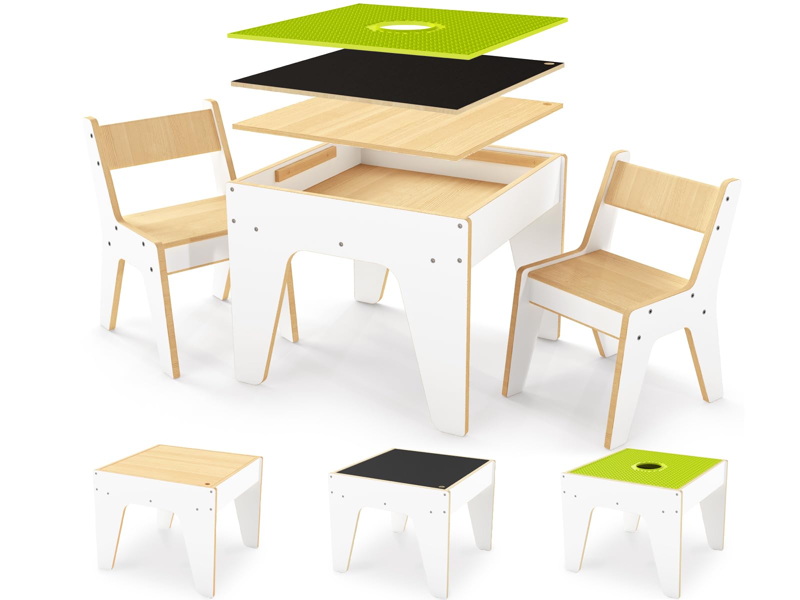 Juego de mesa y sillas para niños pequeños 4 en 1, mesas de juego para niños con almacenamiento, mesas sensoriales de madera con placa base de bloqueo de doble cara, mesa de actividades para