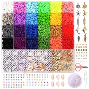 QUEFE 6500pcs Clay Beads 24 Colors Polymer Heishi Beads for Jewelry Making, Flat Preppy Beads for Friendship Bracelets Making Kit with Charms and Elastic Strings