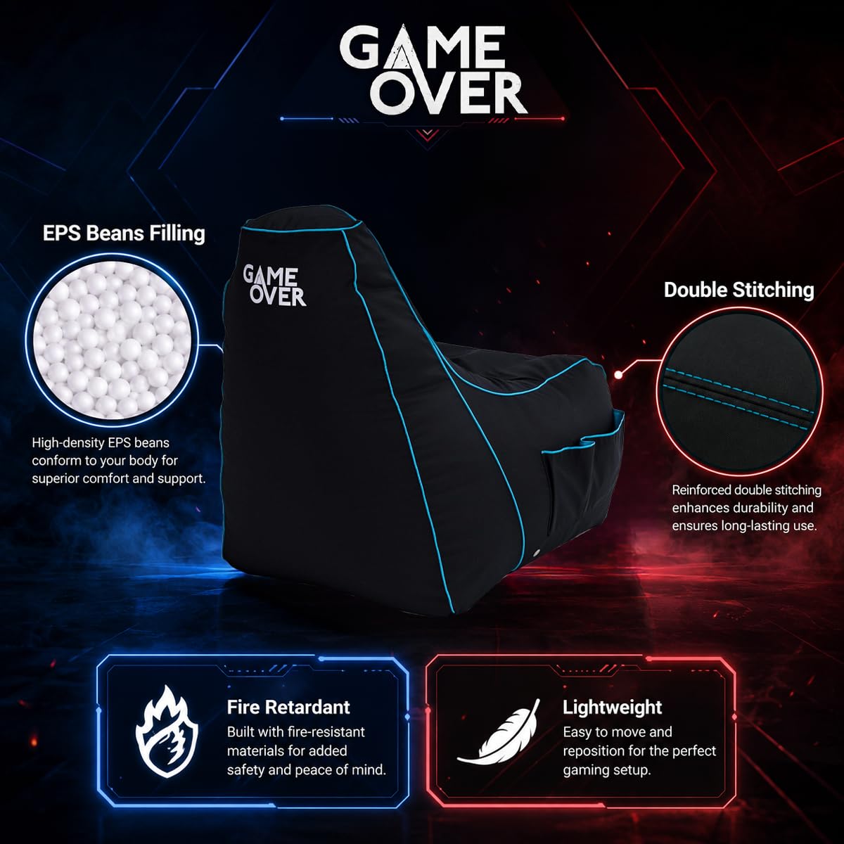 Game Over Poltrona Video Gaming Bean Bag | Puff Poltrona Sacco | per Soggiorni E Interni | Tasche Laterali per I Controller | Supporto per Cuffie | Design Ergonomico (Lich Blade)