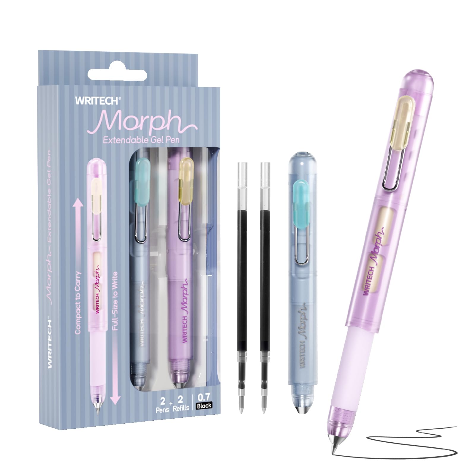 WRITECH Morph Extendable Gel Pens: 0.7mm Medium Black Ink 2 Pens 2 Refills