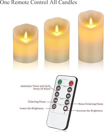 Miniatura 5 de Velas LED sin llama de 4, 5, 6 pulgadas, juego de 3 pilares de cera real sin goteo que incluye llamas realistas y control remoto de 10 teclas con