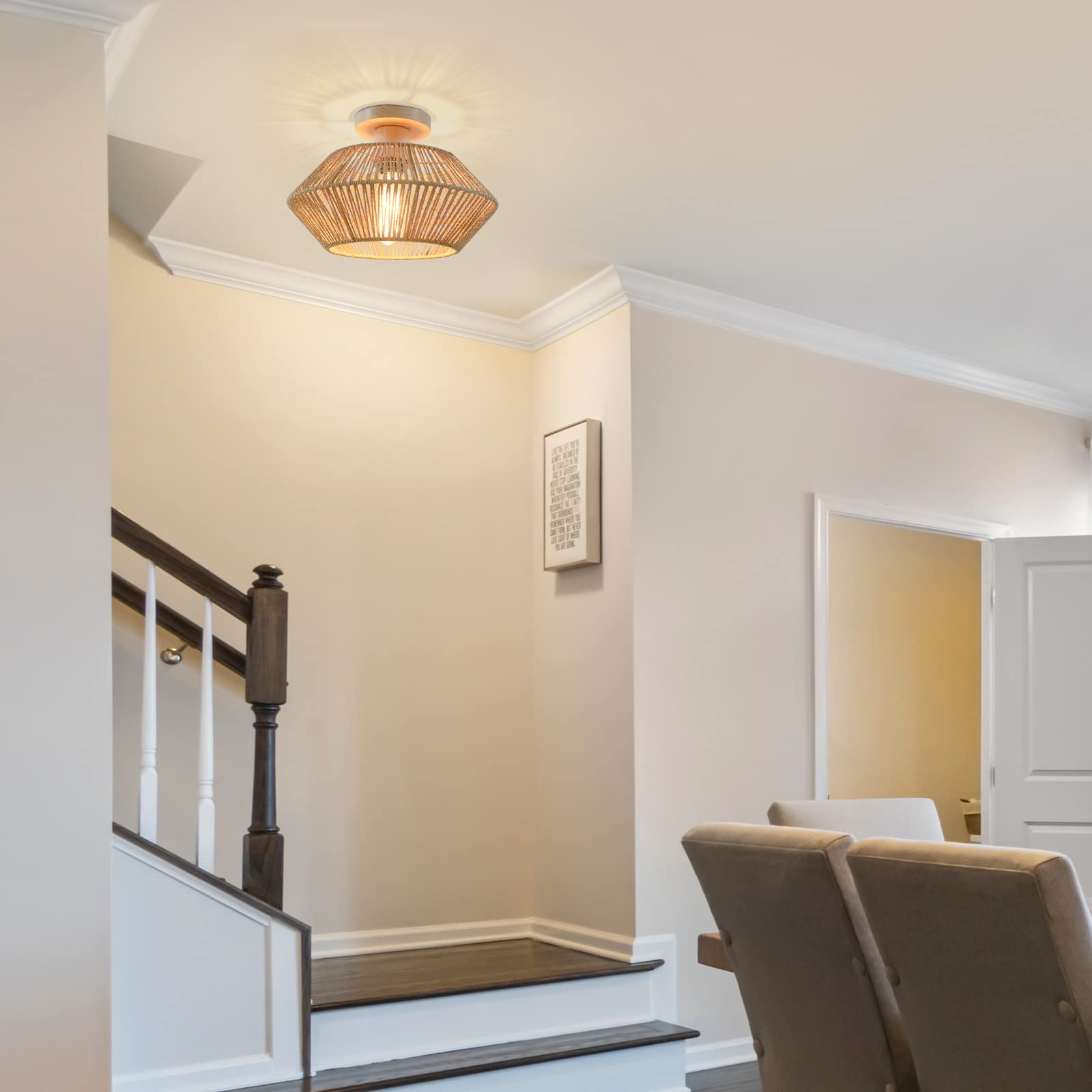 Plafoniera Soffitto Camera da Letto Boho in Rattan, Lampadario Soffitto Intrecciato a Mano a 1 Luce, Plafoniere da Soffitto in Legno per Fattoria per Soggiorno, Cucina, Ingresso, Corridoio