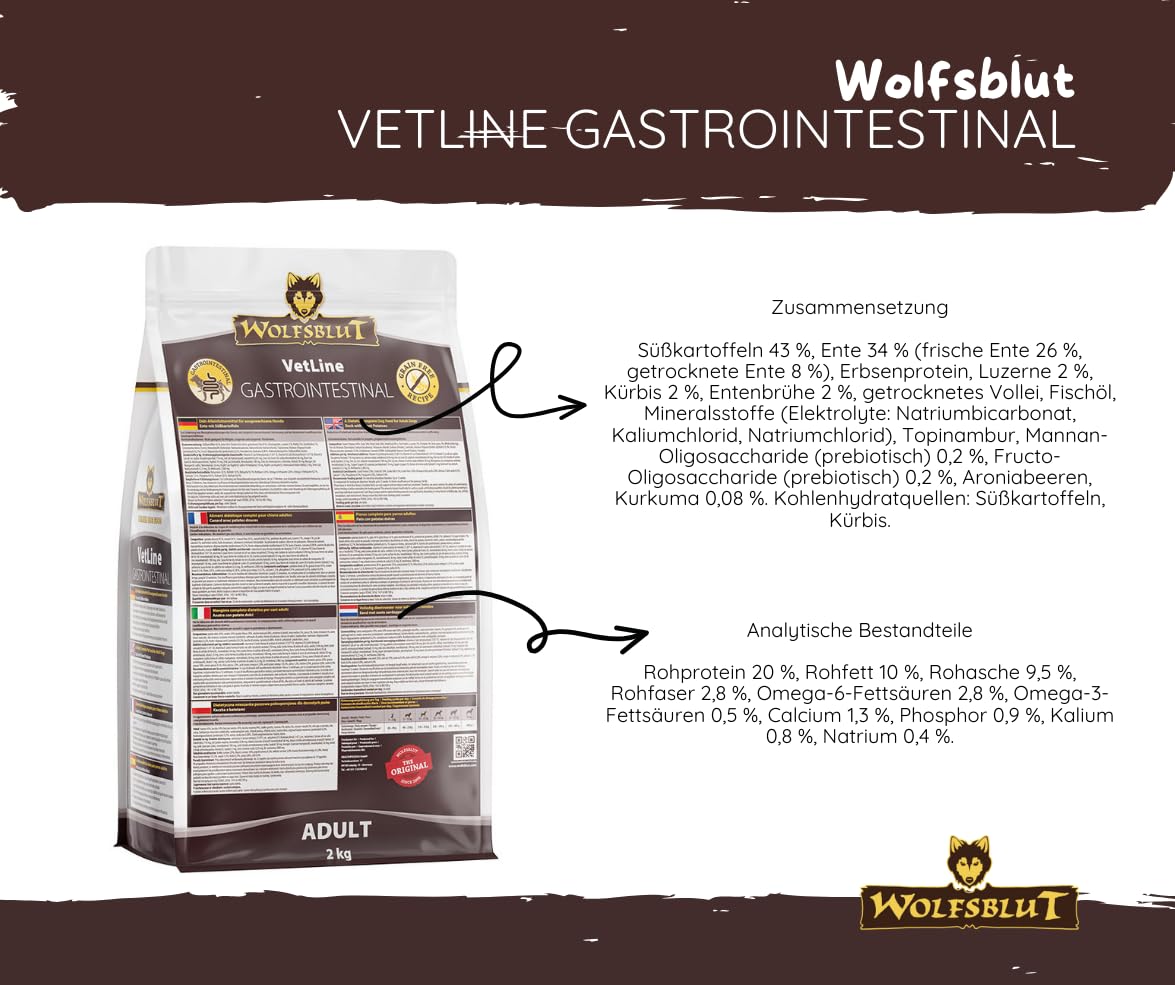 Wolfsblut Vetline Hundefutter - GASTROINTESTINAL, 2x2kg - Sparbundel, Sparpaket - inklusive Warnicks Tierfutterservice Hundesnack Goodie