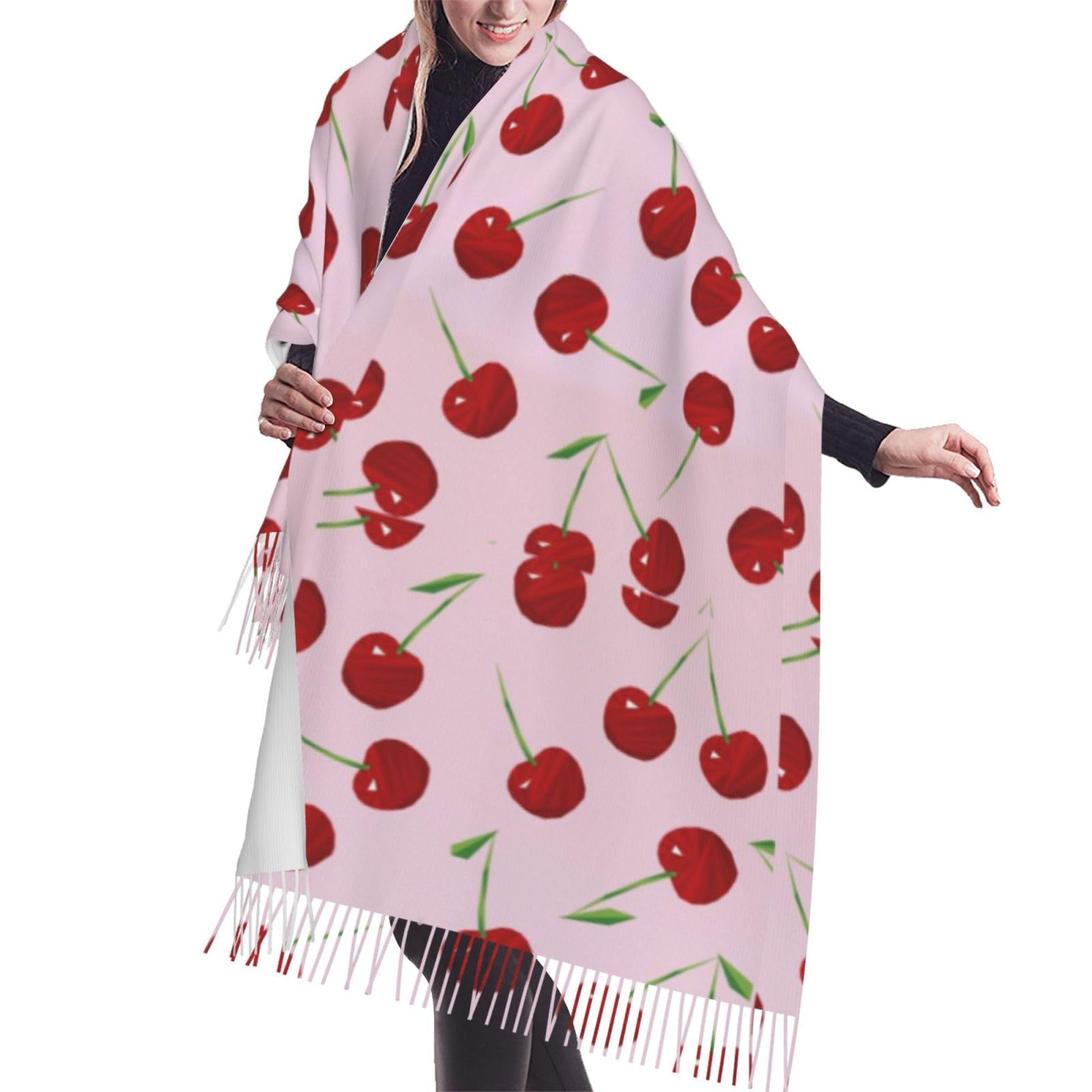 GRatka Scarf,Cherries Cherries On Pink, Unisex Fringed Scarf Large Warm Soft Cashmere Feel Shawls Wraps 196x68 cm