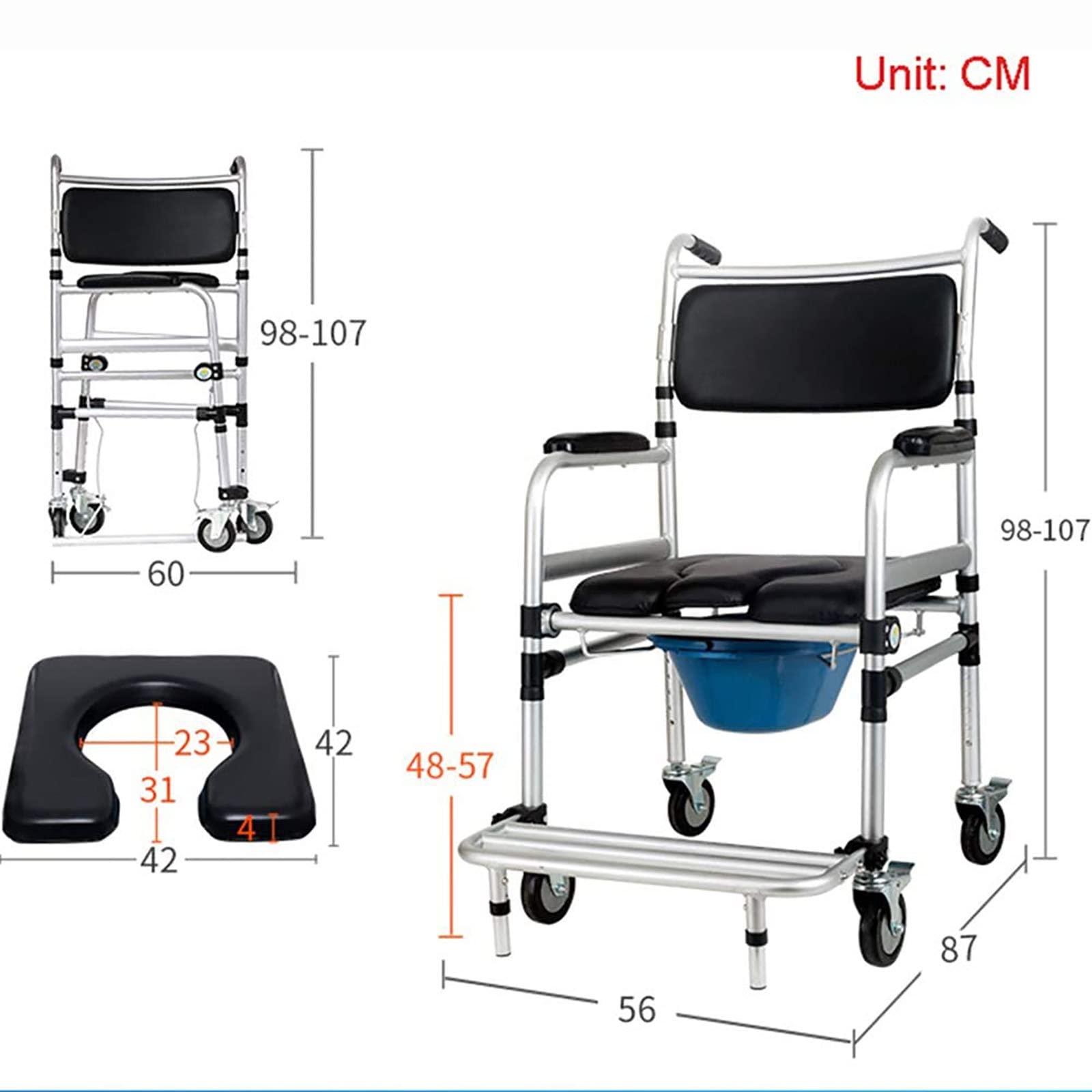 Silla de WC con Ruedas,Silla De Ducha Plegable PortáTil, Una Silla con Orinal MéDico De Ancianos, Frenos Y ReposapiéS (Cuatro Rondas)