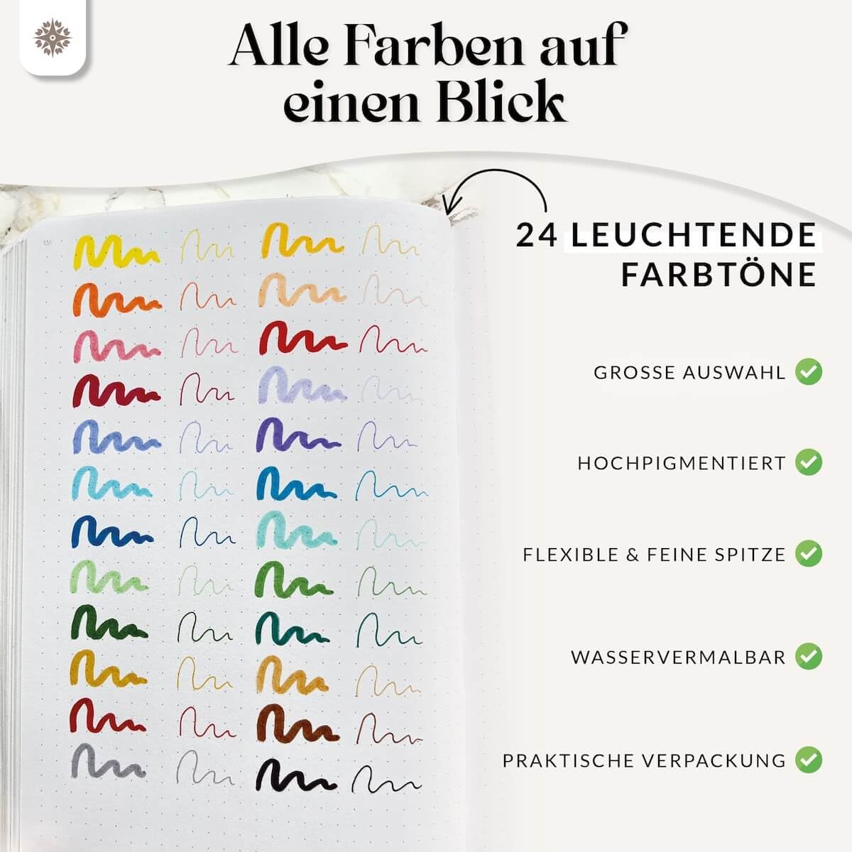 LEBENSKOMPASS Brush Pen Set mit 24 wasserbasierten Dual Brush Pen Stiften - Pinselstifte für: Malbuch für Erwachsene, Handlettering, Kalligraphie & dein Bullet Journal