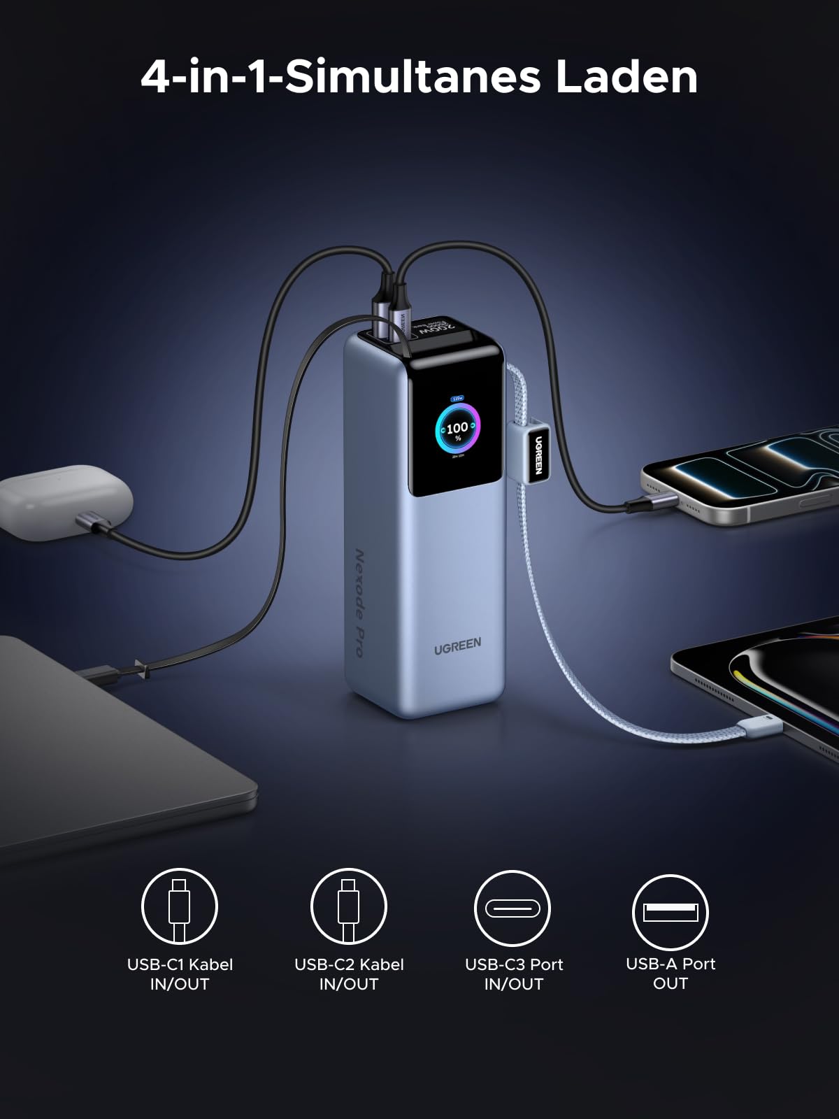 UGREEN Nexode Pro Power Bank 25000mAh 200W mit 2 Integrierten USB-C Kabeln | 68cm einziehbares Kabel, 3x USB-C+1x USB-A, TFT Display, für Reisen/Büro, Kompatibel mit MacBook, iPhone