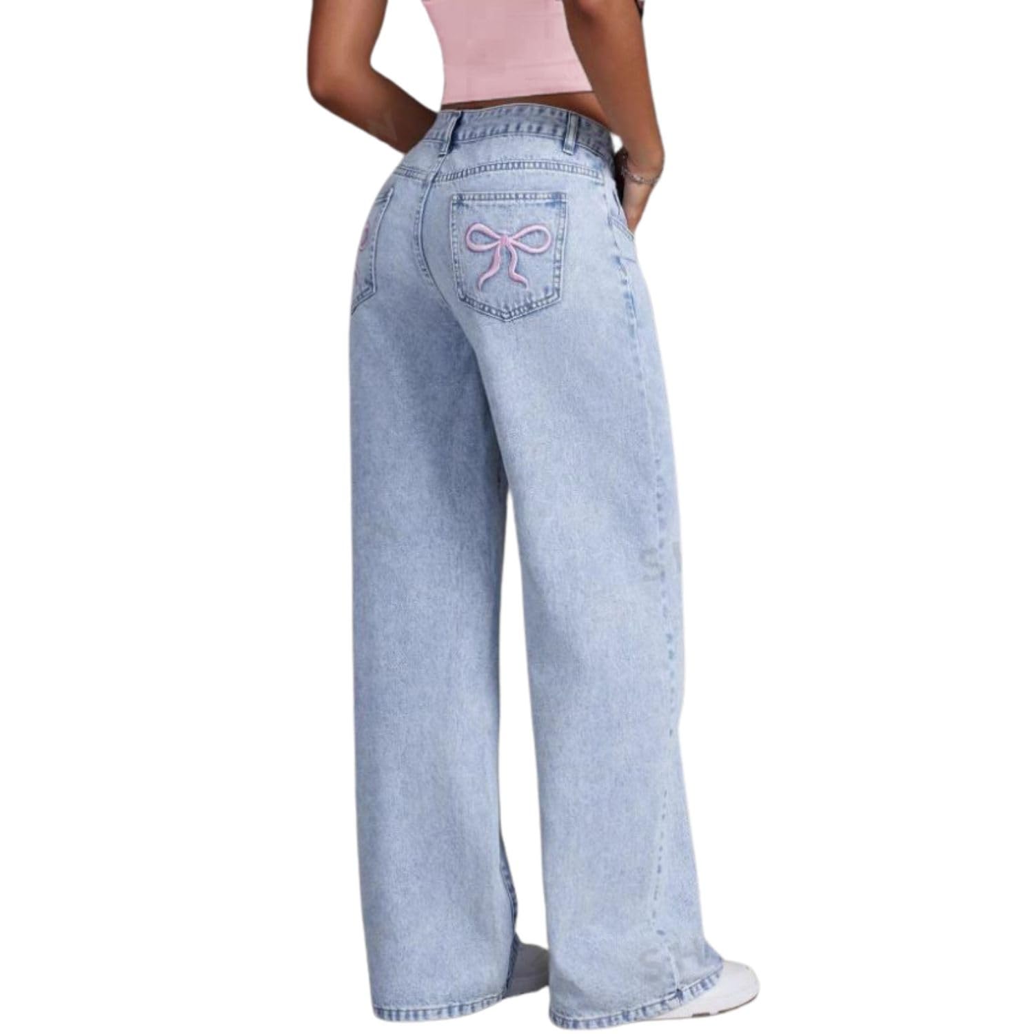 Baggy-Jeans für Damen, Teenager, Mädchen, Schleife, süße Denim-Jeans, hohe Taille, gerades Bein, Hose, ästhetische Szene