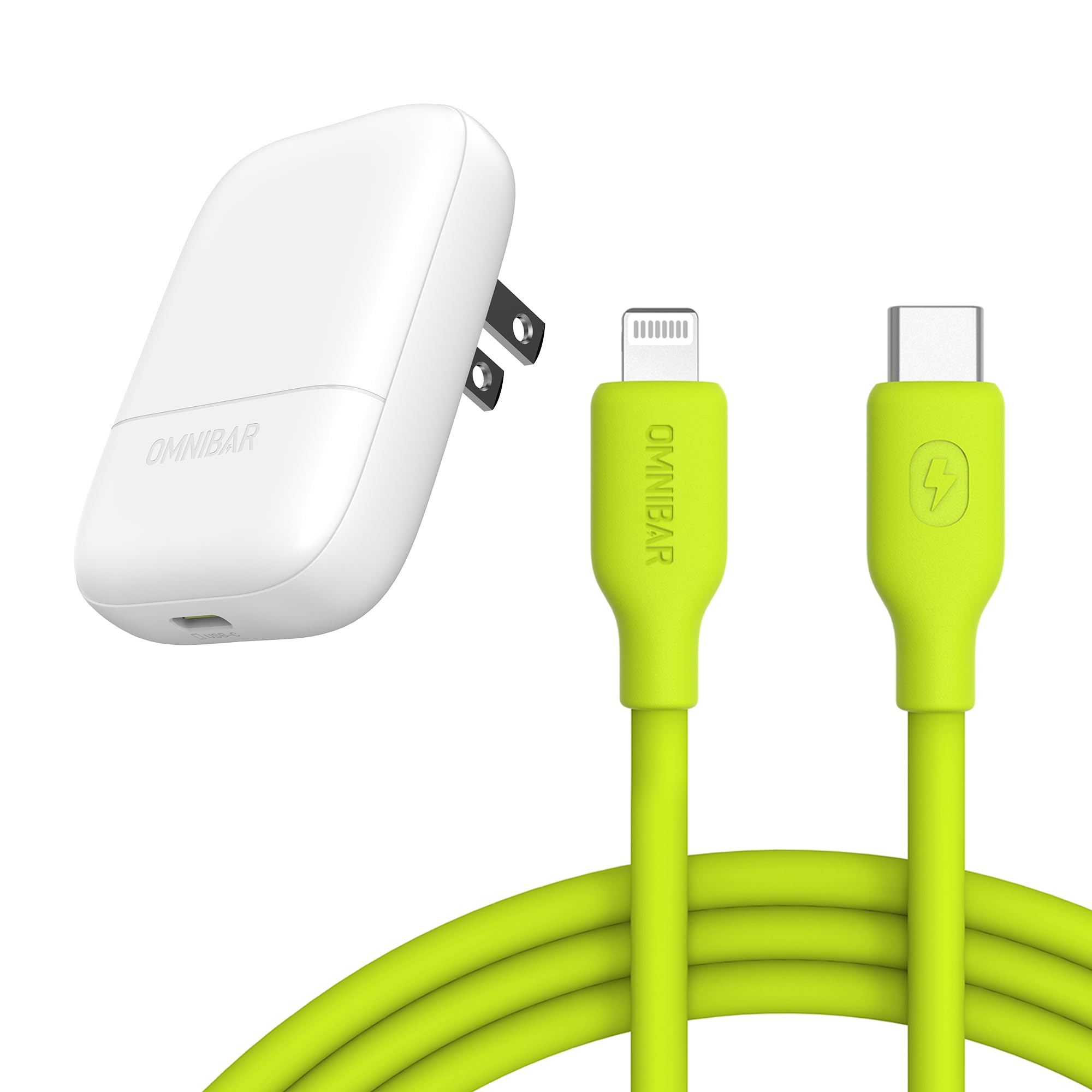 Omnibar Slim Flat USB C Wall Charger with USB C to Lightning Cable (6FT/Silicone/Green), 30W GaN Charger PD3.0 PPS Fast Charging Block with MFi Certified Lightning Cable for iPhone 14/13/12/11/XR/XS