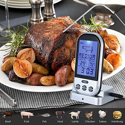 Cucudy Termômetro de carne sem fio com sonda Display LCD com função de contagem regressiva da luz de
