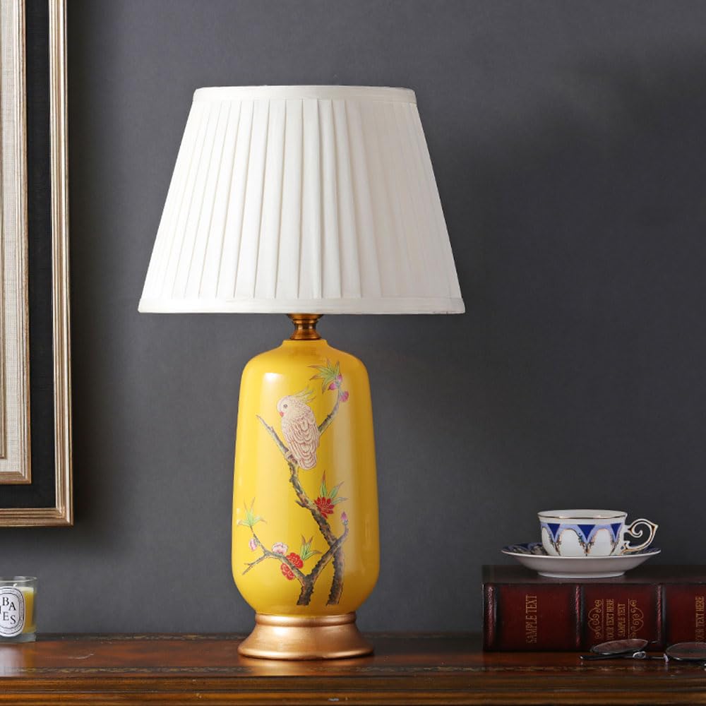 SGKOMN 24" American Hand-Painted Flower And Bird Ceramic Table Lamp Bedroom Bedside Desk Nightstand Lamp With Fabric Lampshade For Aisle Vase Lamps-C
