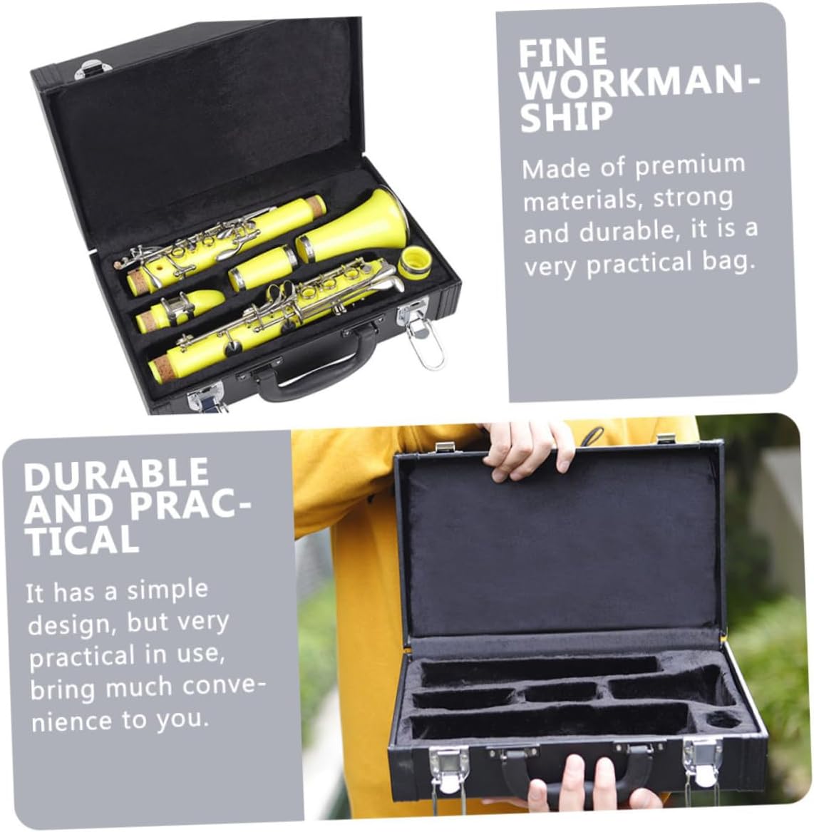 SOLUSTRE Hard Shell Black Clarinet Case with Carry Handle High-density Impact Resistant Musical Instrument Storage Box for Travel and Playing Safeguard