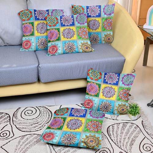 Image of Divine Casa Set of 5 Decorative Cushion Covers 16x16 Inches | Mandala Print Polyester Cushion Covers with Lace Border | Multicolor Sofa Cushion Covers for Home Decor | Multi Yellow