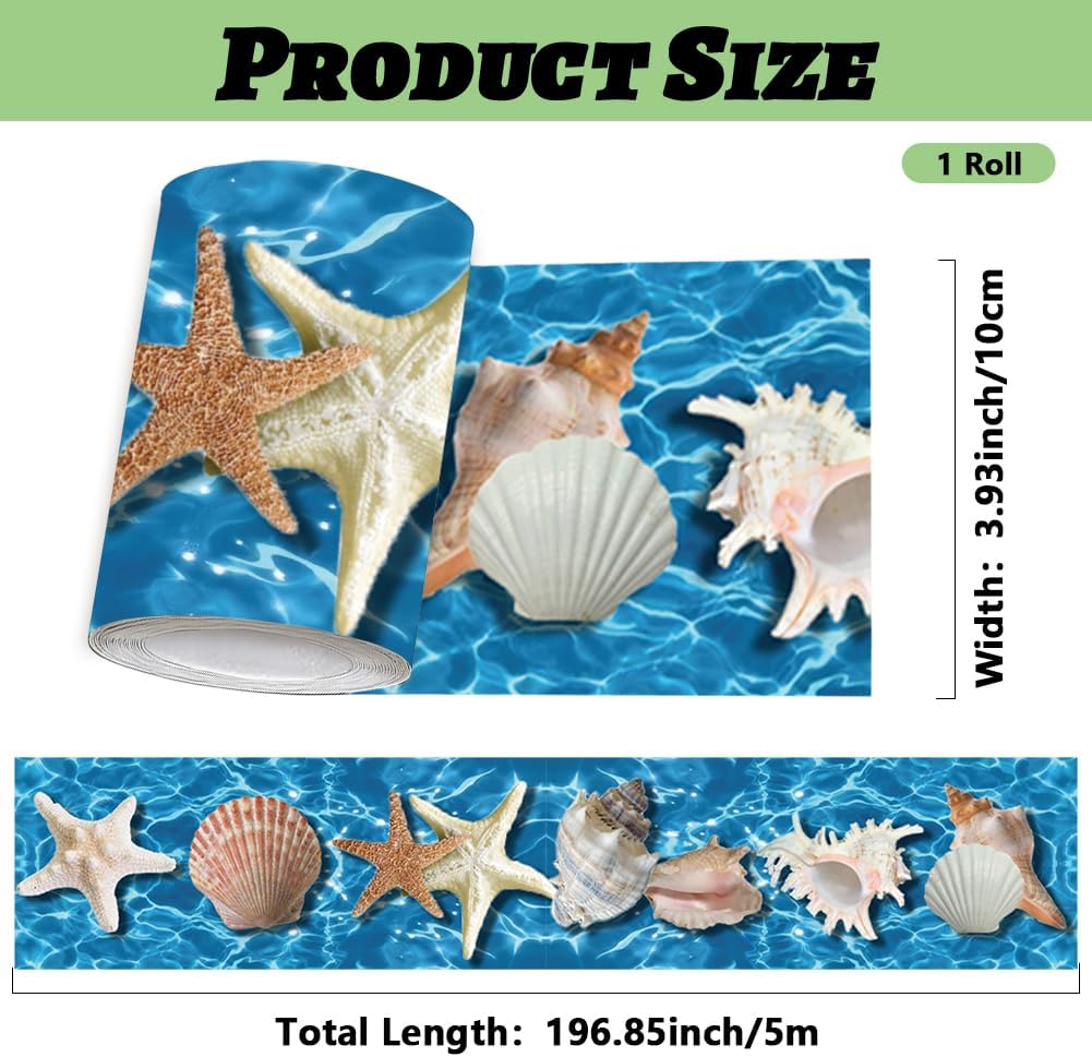 Beach Wallpaper Border Wall Border Trim Peel and Stick 19.7 x 4 Inch Ocean Seashell Starfish Pattern PVC Decorative Molding Stickers for Bathroom Kitchen Backsplash Hotel Home Decoration
