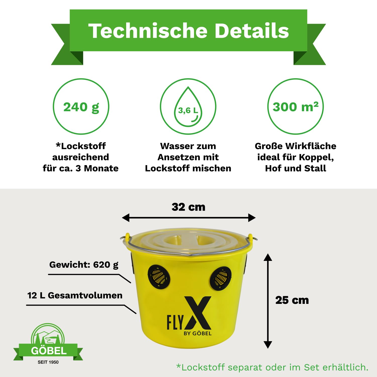 Piège à mouches Göbel Fly X, pour jardin, écurie, saule et chevaux, protection idéale contre les mouches, jusqu'à 250 000 mouches, insectes, freins, tiques, seau à suspendre avec arceau (piège à