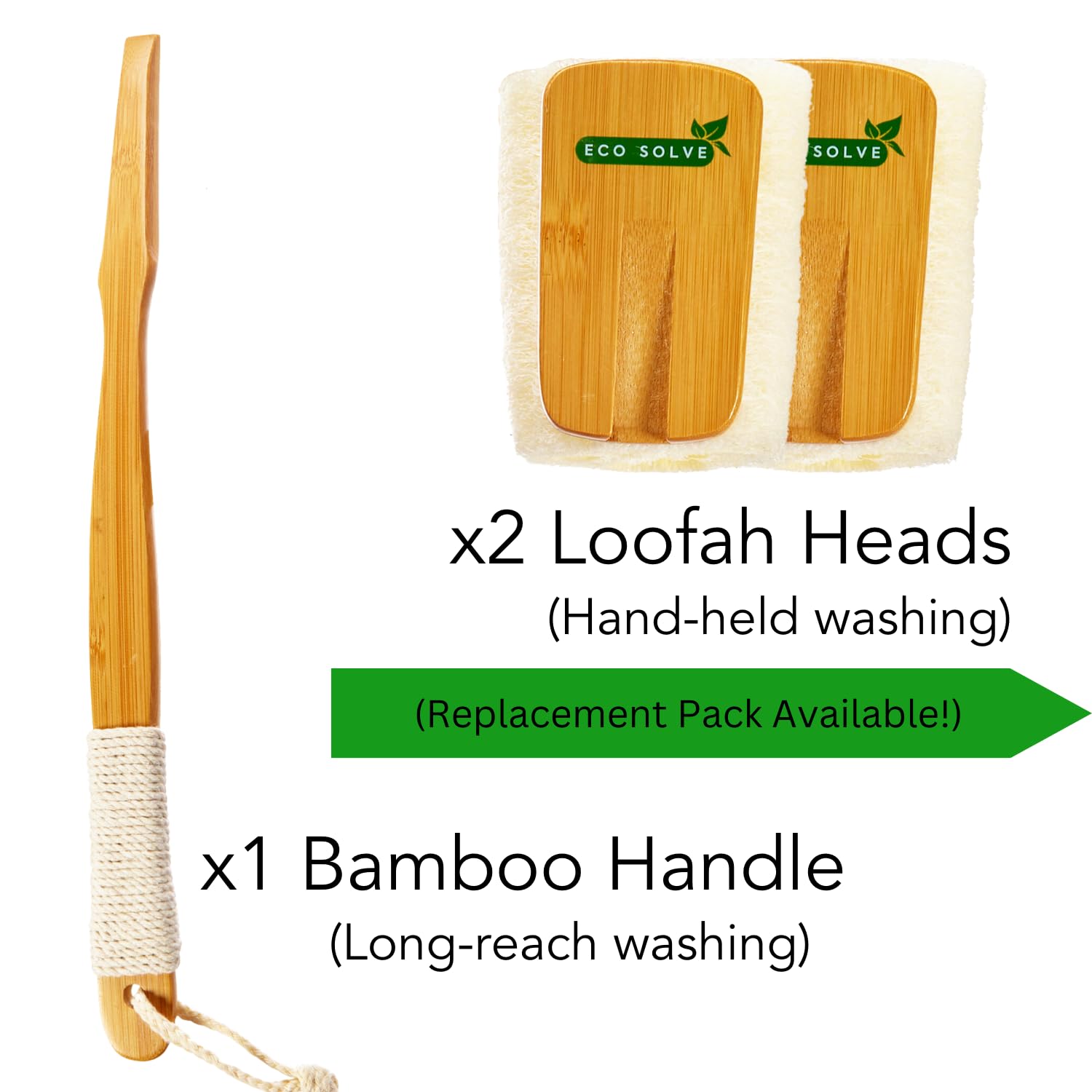 Estropajo de ducha de lufa natural con mango de bambú extraíble, exfoliación suave, mango ergonómico largo con agarre de cuerda de cáñamo, esponja extra incluida para lavado cercano, sin